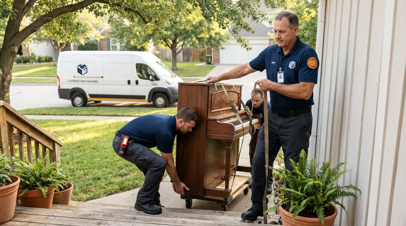 Licensed piano movers securing grand piano in Altamont, IL