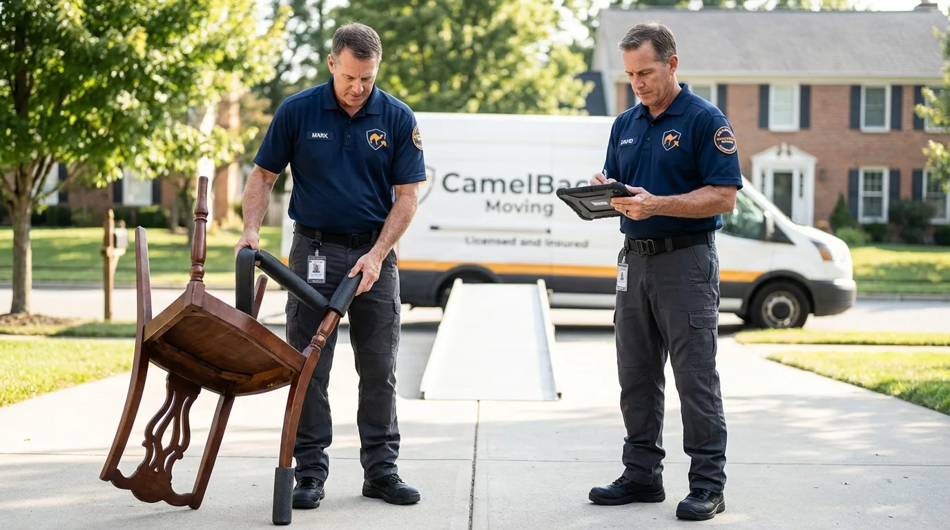 Movers inspecting furniture for damage prevention before loading in Altamont, IL